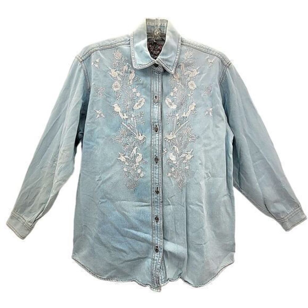 JouJou Vintage Denim Embroidered Long Sleeve Vintage Oversized Button Up Shirt‎